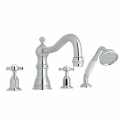 Budget 👍 Perrin & Rowe 20 gpm 4-Hole Deckmount Tub Filler with Hand Shower with Double Cross Handle in Polished Chrome ⌛
